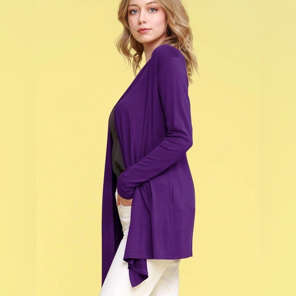 Draped Front Open Cardigan Casual Long Sleeve Lightweight Cardigan -purple - Picture 4 of 6